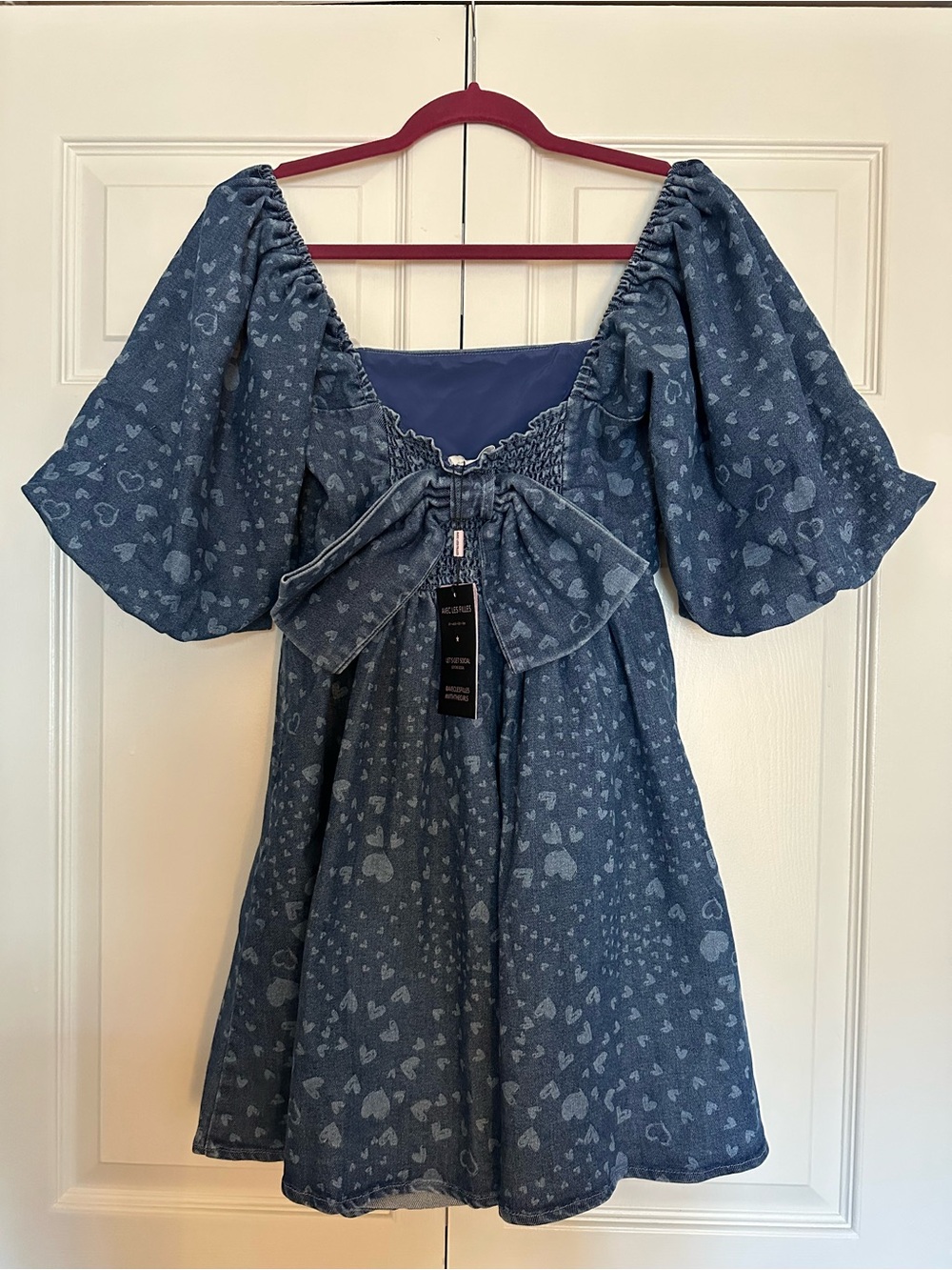 Avec Les Filles Swirling Hearts Denim-Blue Heart Print Puff Sleeve Mini Dress - Picture 2 of 5